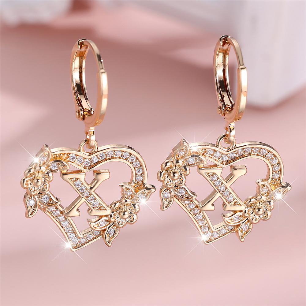 

Vintage Hollow Love Heart Flower A-Z 26 Letters Hoop Earrings Yellow Gold Color White Zircon Earring Wedding Jewelry For Women