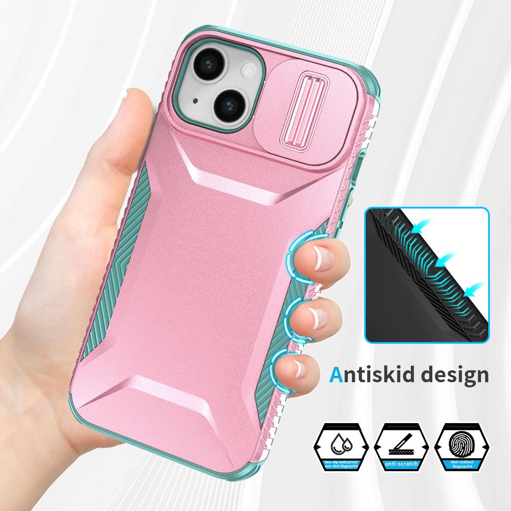 For iPhone 15 Case PC+TPU Anti-Slip Phone Cover with Slide Camera Lid
