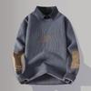 Men's Winter Fleece-Lined Faux Two-Piece Knit Pullover with Shirt Collar