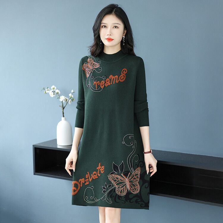Women's Floral Knit Dress Loose Mid-length Thick Knit Sweater Dress Pullover Knit Dress