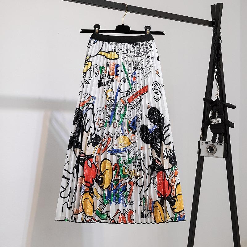 New Supply Digital Printing Pleated Skirt Medium Length Pleated Skirt Elastic Waist