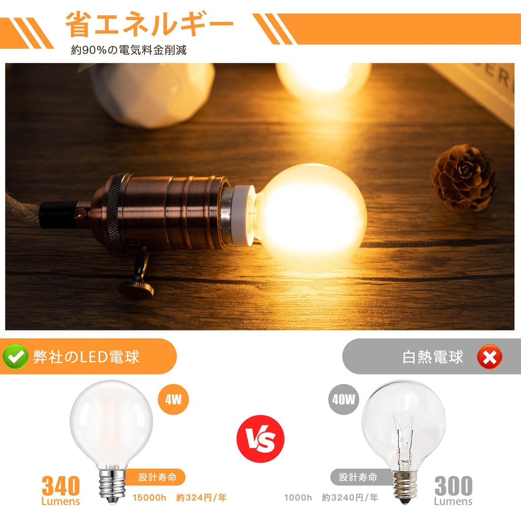 E17 LED Edison Light Bulb Dimmer Compatible 4W To 40W 2700K Bulb Color Filament Light Bulb 340lm Milky White Retro G50 Mini Ball Bulb PSE Certified