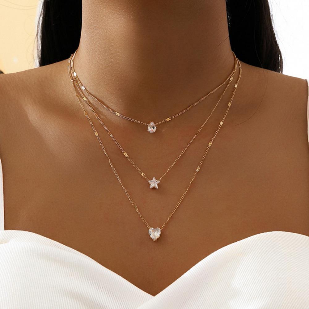 Modern Layered Crystal Pendant Necklaces Minimalist Gold-Plated Metalcrystal Clavicle Chain Everyday Necklaces Gifts