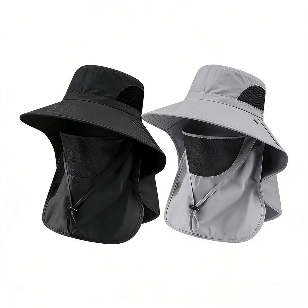 2-Piece Men'S Outdoor Sun Hat Set, Quick-Dry Woven Bucket Hat With Adjustable Visor, Breathable Mesh And Removable Face Shield