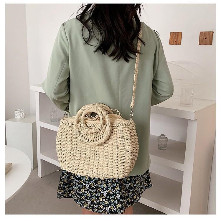 2025 New Round Bucket Straw Bag Diagonal Span Beach Bag Handbag Vegetable Basket Woven Bag Fashionable Pastoral Women's Bag