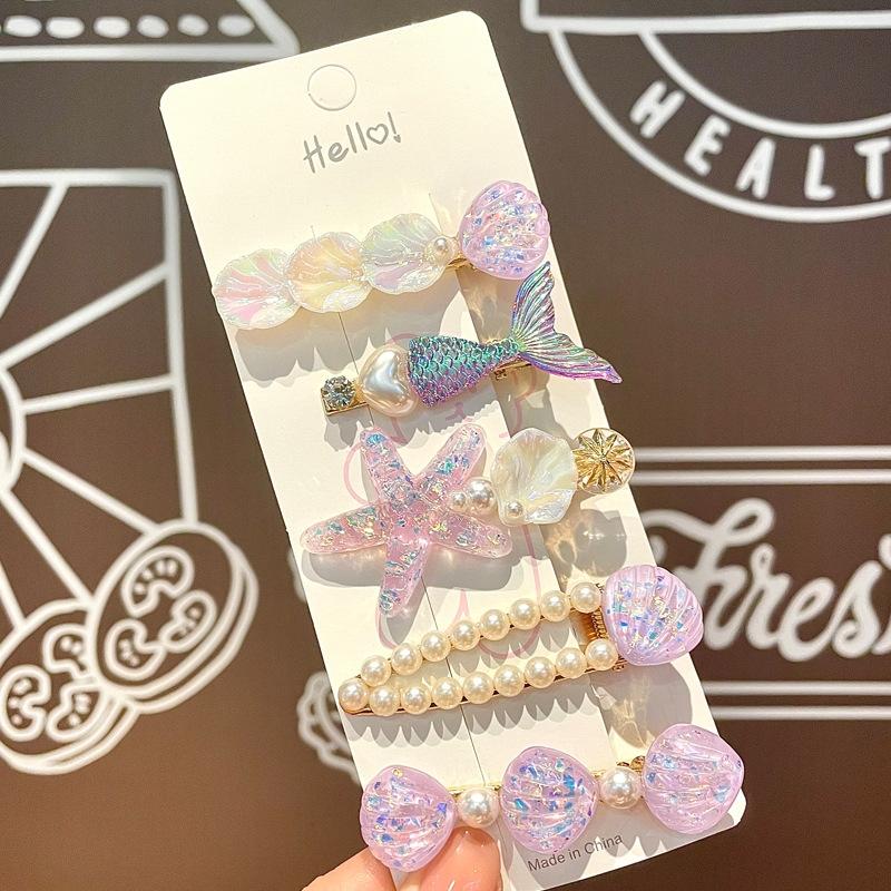 5pcs/Set Baby Girls Ocean Series Shell Starfish Hair Clips Pearl Pink Hairpins Purple Princess Headdress Hair Accessories