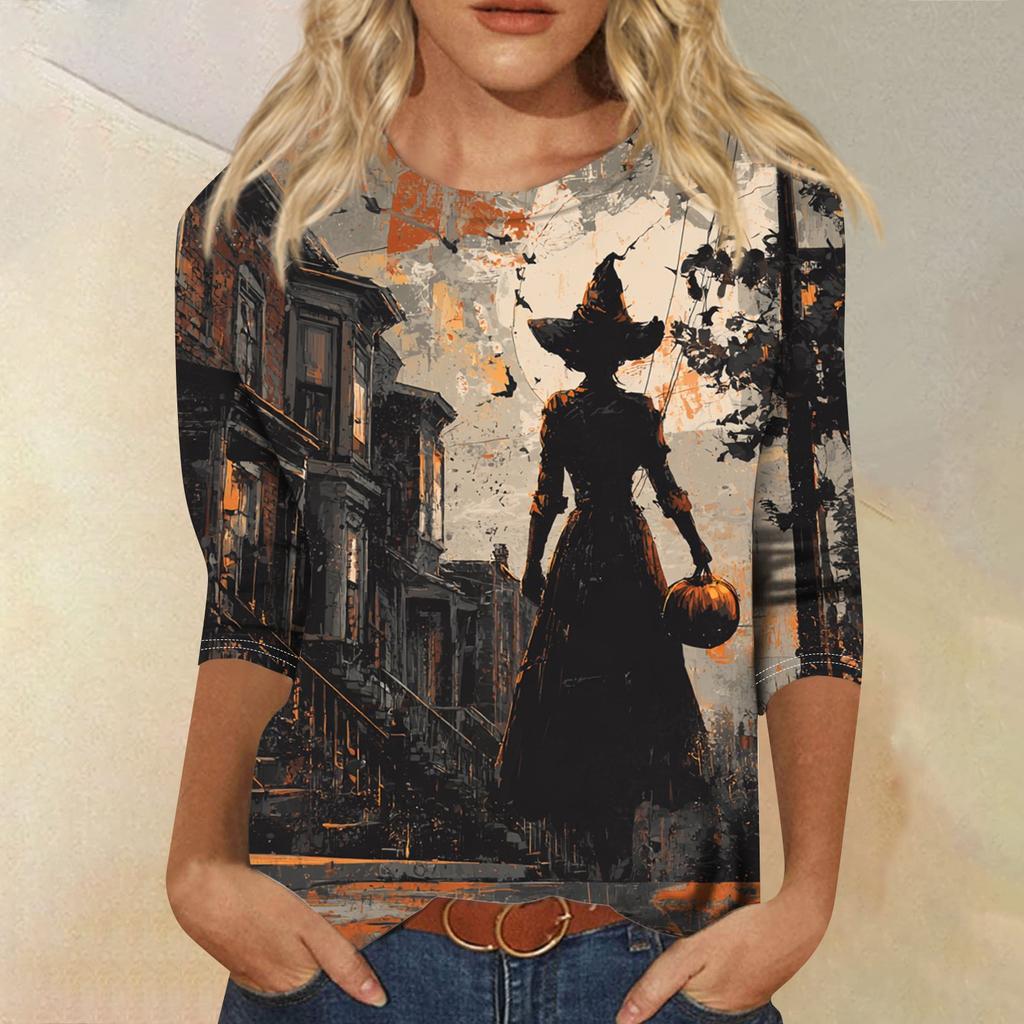 Women's Fashion Casual Round Neck Three-quarter Sleeve Halloween Printed T-shirt Top