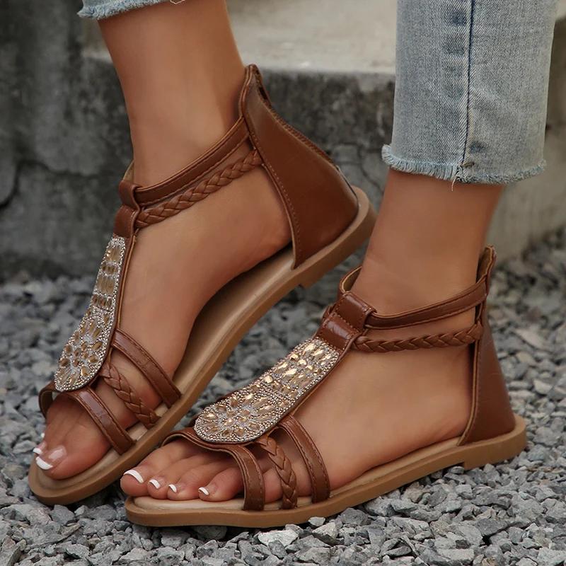 Fashion Ankle Strap Braided Roman Sandals for Women 2025 Summer Shiny Crystal Flat Sandals Woman Comfortable Soft Non Slip Beach Shoes