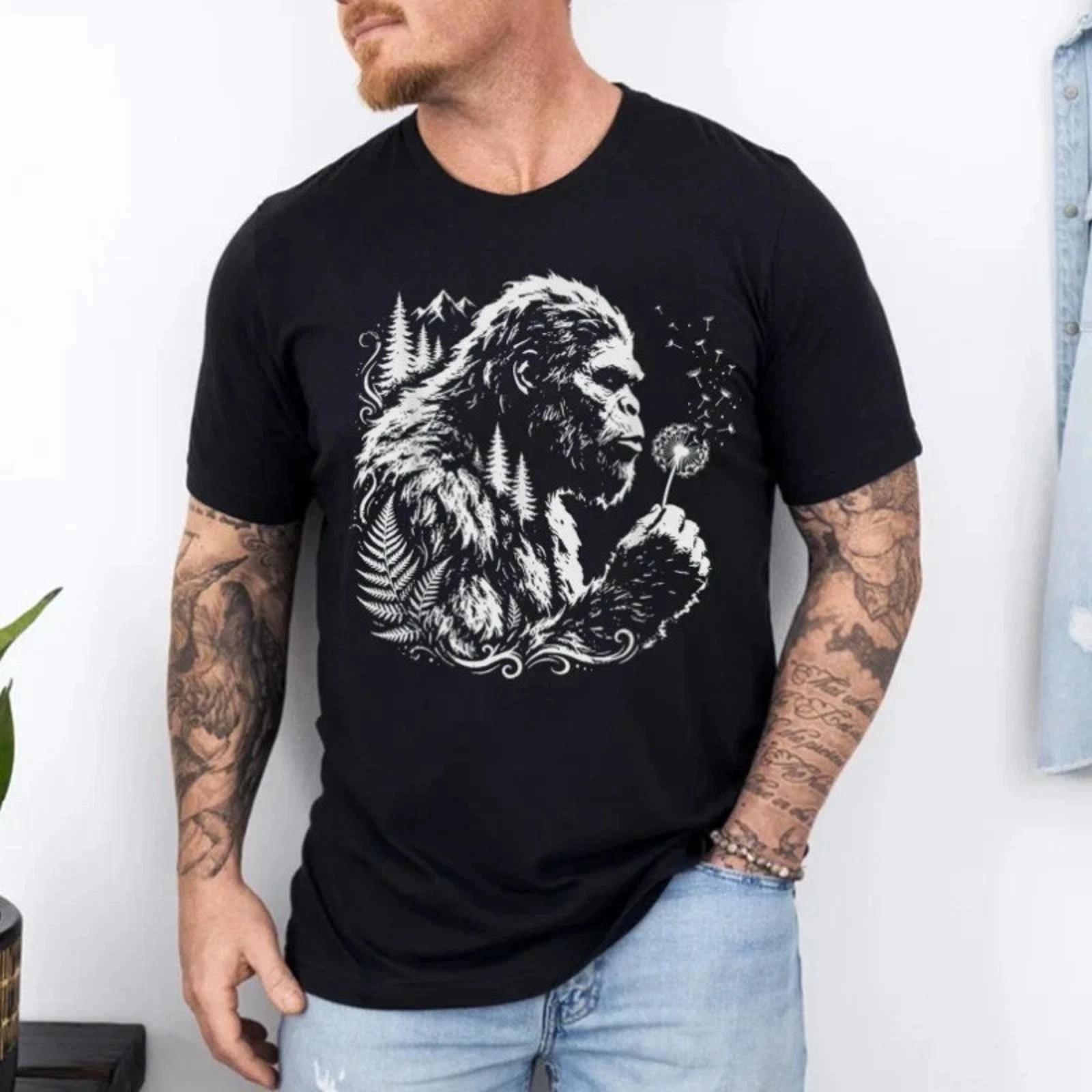 Funny Bigfoot Blowing Wishes Dandelion Vintage Nature Graphic Tee S