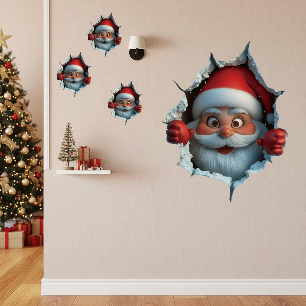 3D Santa Claus Wall Decal - Christmas Broken Wall Art Sticker - Festive Living Room Decor - Easy Peel & Stick PVC Holiday Mural