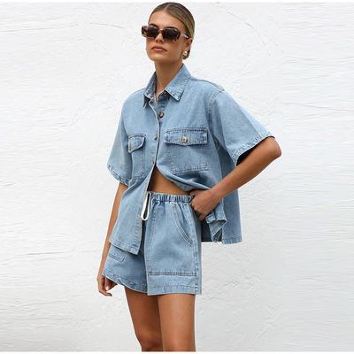 Damen Denim Zweiteiler Locker Lässig Kurzärmeliges Hemd+Shorts mit elastischem Bund