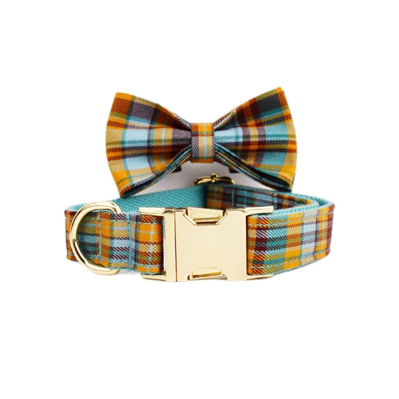 Green Plaid Plain Cloth Pet Collar Velvet Leash, Anti-Break Free Dog Leash Leash Dog Chain Dog Collar