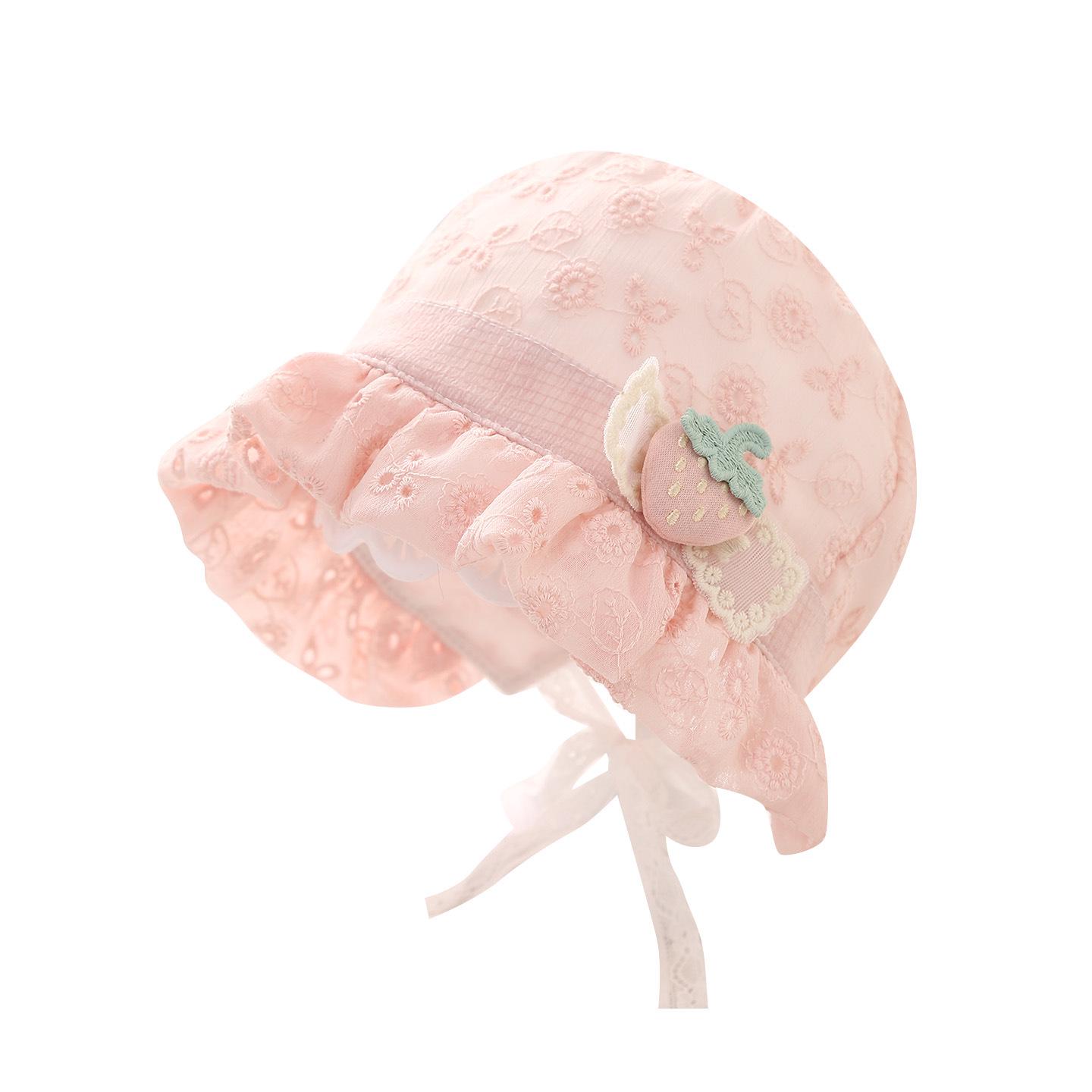 

Корейський сонцезахисний капелюх для дівчинки: Дихаючий мереживний літній дизайн-відро Strawberry Princess Hat - White