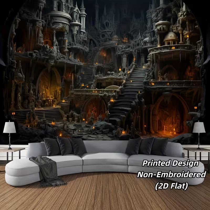 2D Spooky Gothic Palace with Glowing Lights Tapestry Living Room Art