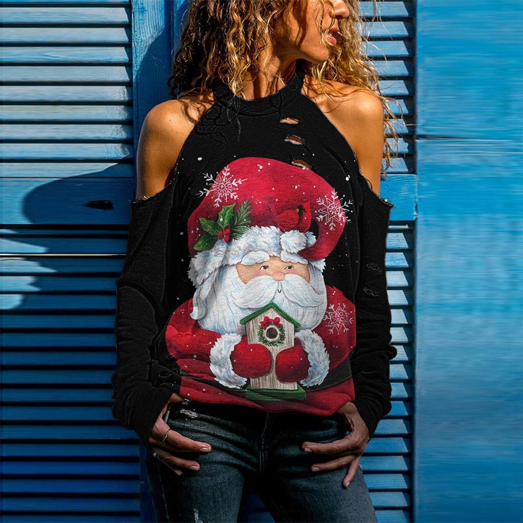 1116 European and American ebay new Christmas women's clothing ripped hollow long-sleeved T-shirt top