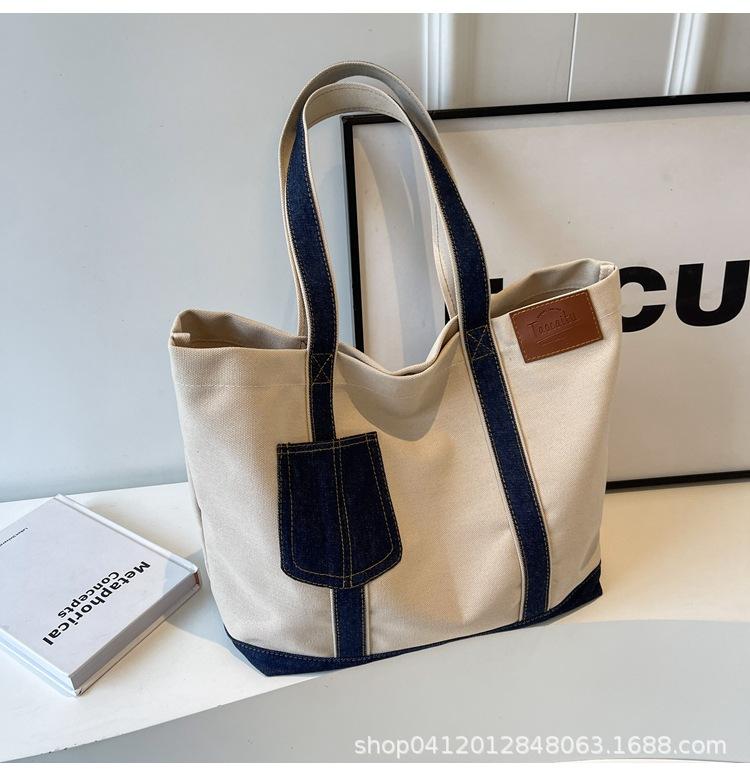 Casual Splicing Canvas Bag Women's 2025 New Large-capacity Fashion Commuter Bag Korean Version Popular Shoulder Bag