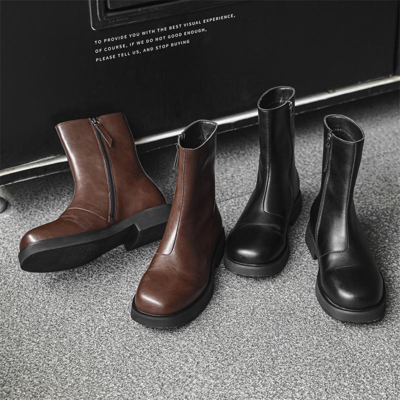 Side Zipper Ankle Boots Men's Casual High Top Shoes All-match Men Winter Plush Snow Boots Leather Motorcycle Boots Men