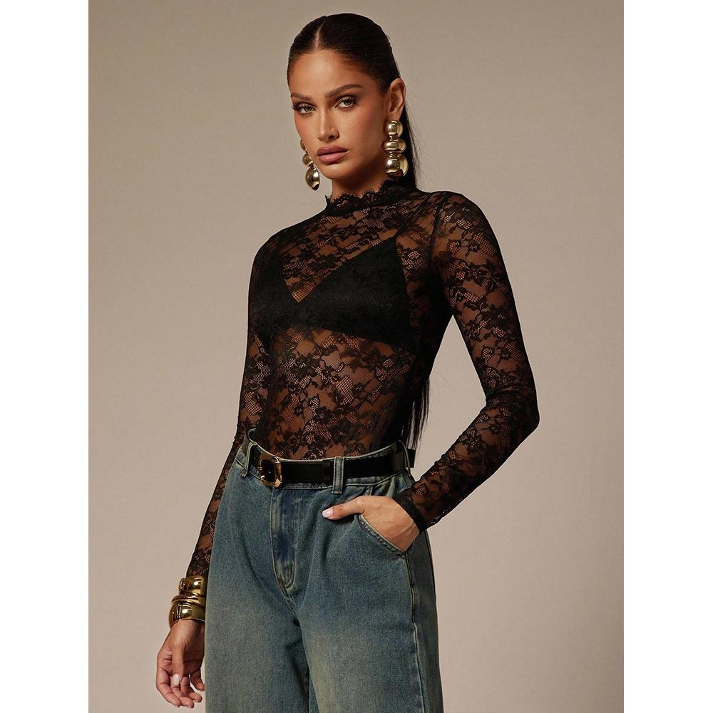 Dámský krajkový síťovaný průhledný body s květinovým vzorem, s rolákem, dlouhým rukávem, průhledný trikot