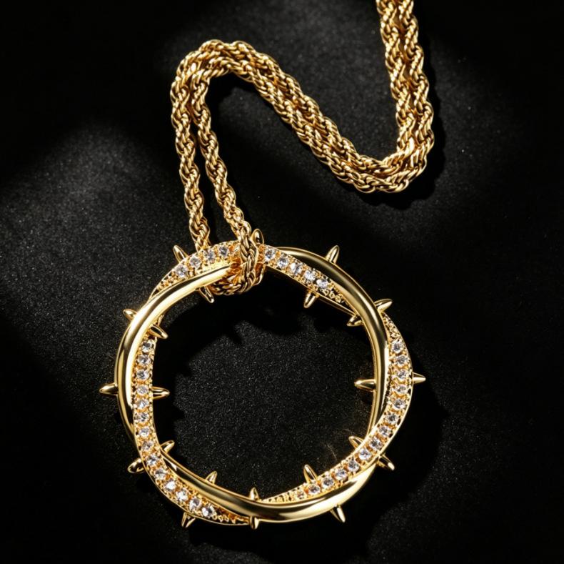 European and American Hip Hop Thorn Double Ring Pendant Copper Set Zircon Men's Personalized Trendy Brand Full Diamond Necklace