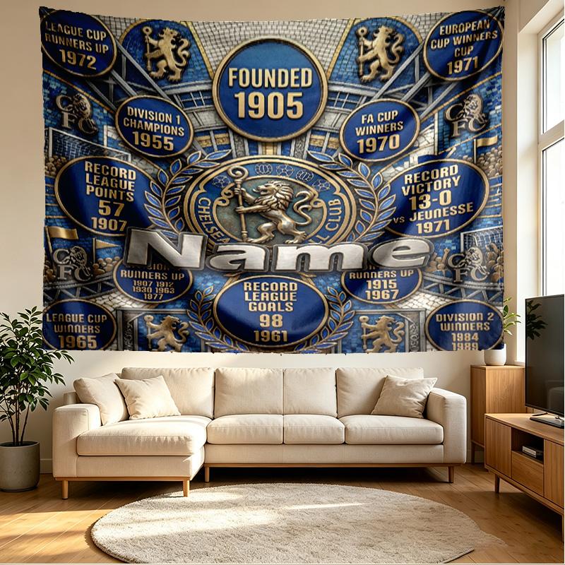 Custom Name Personalized Chelsea Football Club Print Tapestry, Wall Art Decor, Bedroom, Dorm, Apartment, LivingRoom, Party Backdrop, Gift for Birthday