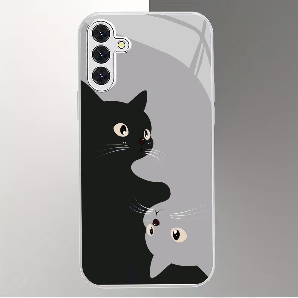 Cute Cartoon Cat Silver Plated Glass Phone Case Suitable for Samsung Galaxy S26 S25 S24 S22 S21 S20 FE/Ultra/Plus Anti Fall