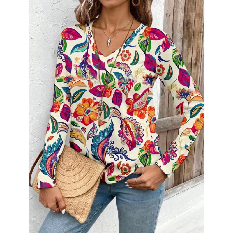 

Женская рубашка с 3D ретро цветочным принтом, V-образным вырезом и длинными рукавами, приталенная, из полиэстера, топ в ленивом стиле на весну и осень XS