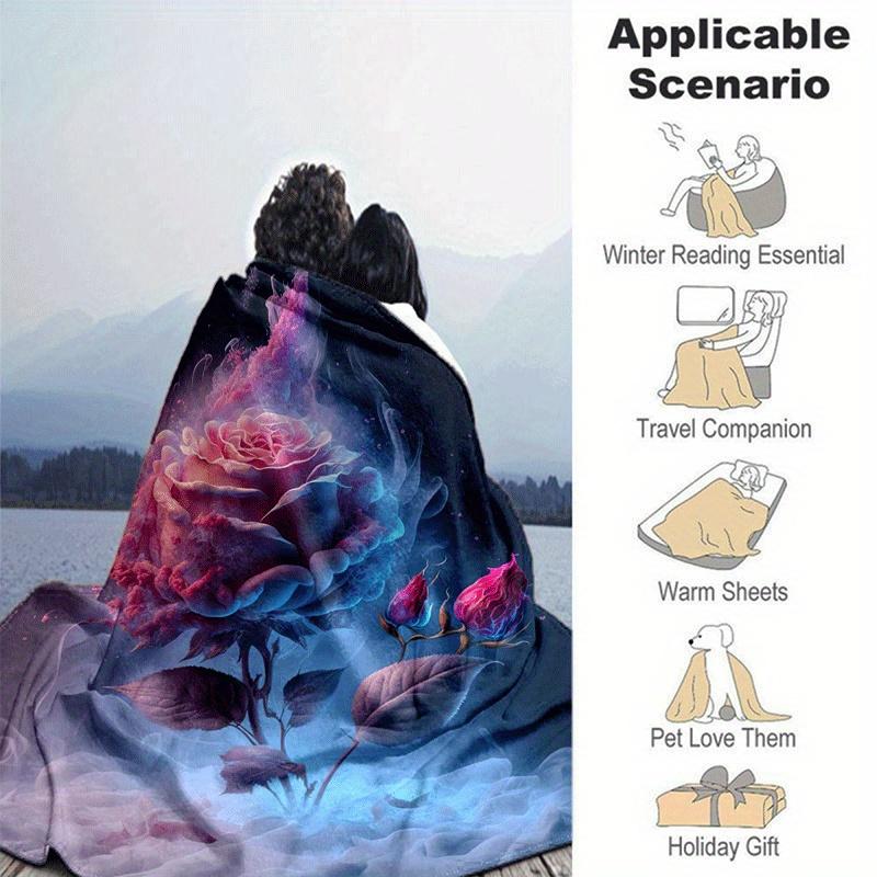 1pc Pink Rose Printing Lightweight Flannel Blanket, Comfortable and Warm Blanket, for Camping Sofa Bed and Couch Office, Gift