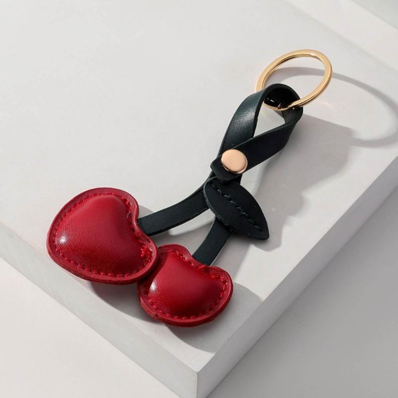Creative Cherry Keychain Leather Fruit Double Heart Key Chain Pendant Bag Ornament Accessories for Car Key Bag Purse