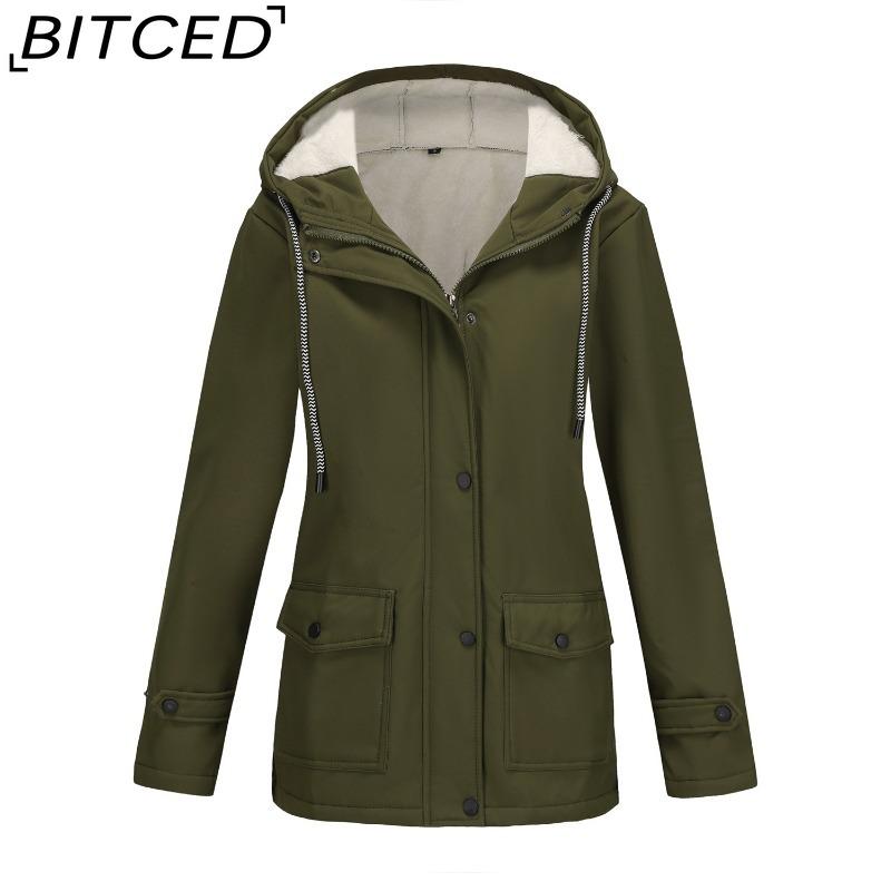 BITCED Women's Spring/Autumn Hooded Trench Coat with Fleece Lining and Water-Repellent Finish Long-Sleeved Zip-Up Cardigan