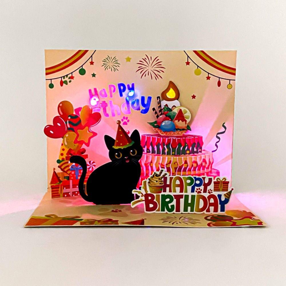 Mehrfarbige Alles Gute zum Geburtstag Karten Cartoon mit Umschlag Musik Postkarte Pop-Up Musik Beleuchtung 3D Papiergravur Grußkarte Geschenk
