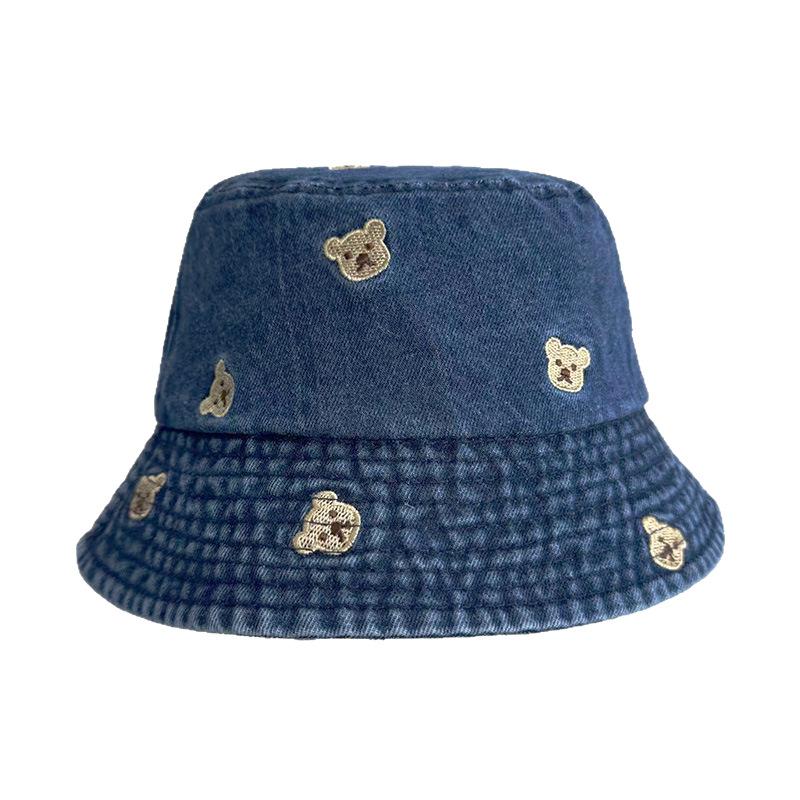 Popular Cute Embroidery Bear Summer Denim Bucket Hat For Women Outdoor Parents And Kids Breathable Sunshade Fisherman Cap Gift