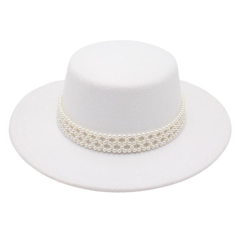 French Top Hat Female Hepburn Shade Felt Hat Bride Wide Brim Jazz Hat Pearl Chain Woolen Hat Black