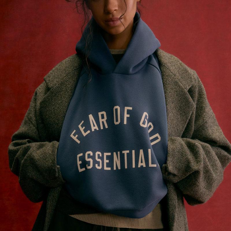 Fear of God Essentials Fleece Cropped Hoodie Marine Women Tops Blue 192HO247354FW
