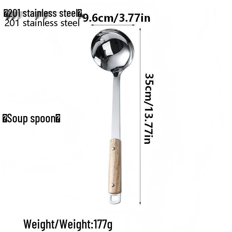 Non-Magnetic Stainless Steel Kitchen Utensil Set: Soup Ladle, Thickened Stir-frying Spatula, and Angled Wooden Handle Spatula.