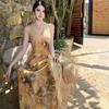 Monet Garden Yellow Neck Dress Oil Painting Dress Dopamine Island Bright Beach Seaside Vacation
