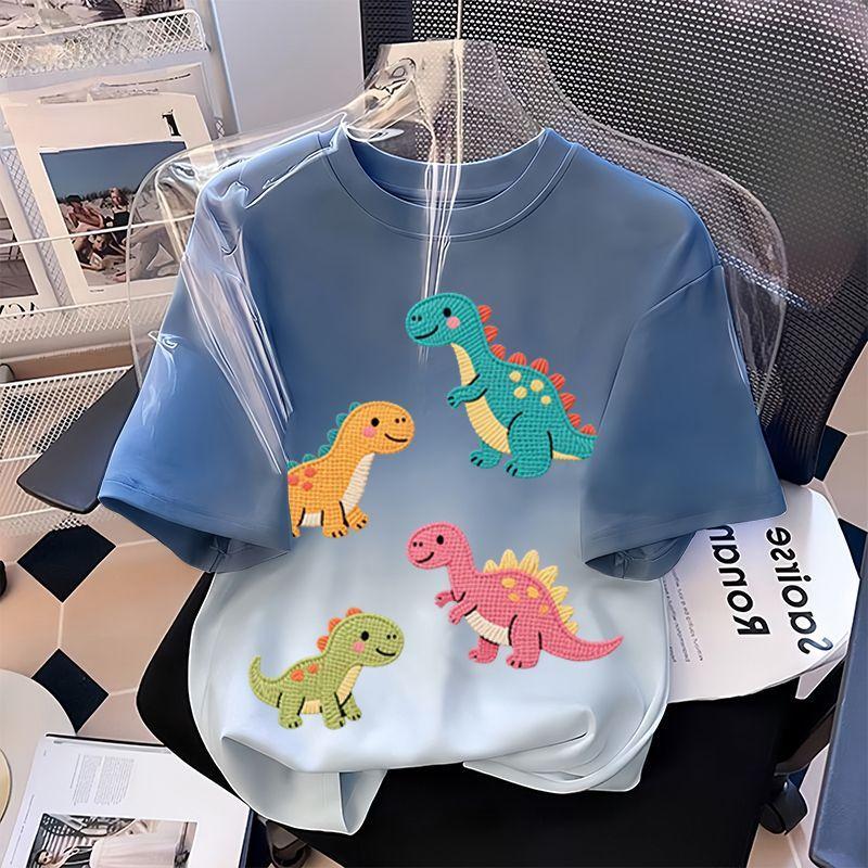 Girls' Fashionable Dinosaur Top - Summer Children's Casual Loose Pure Cotton T-shirt