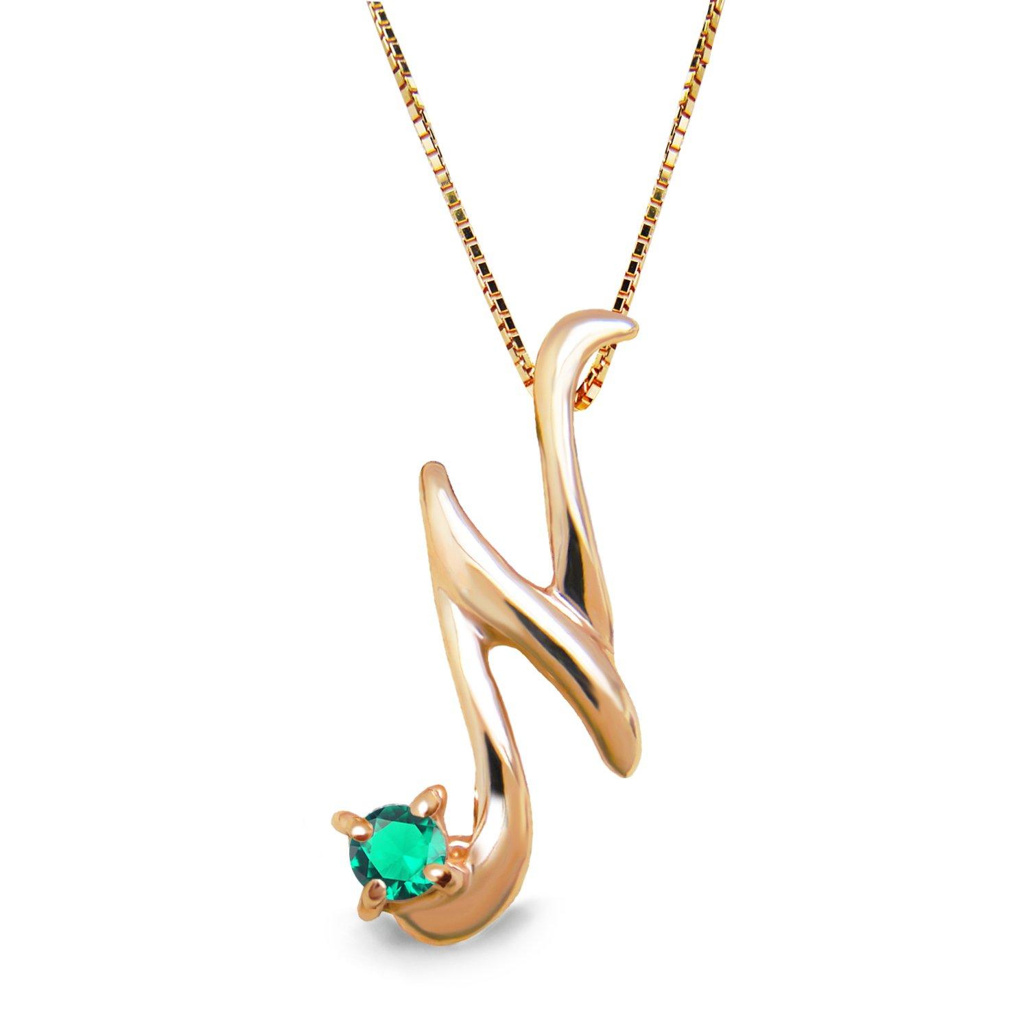 

miwahouseki Initial Pink Gold Alphabet Necklace with Selectable Birthstone May Emerald [Miwahouseki] [N]