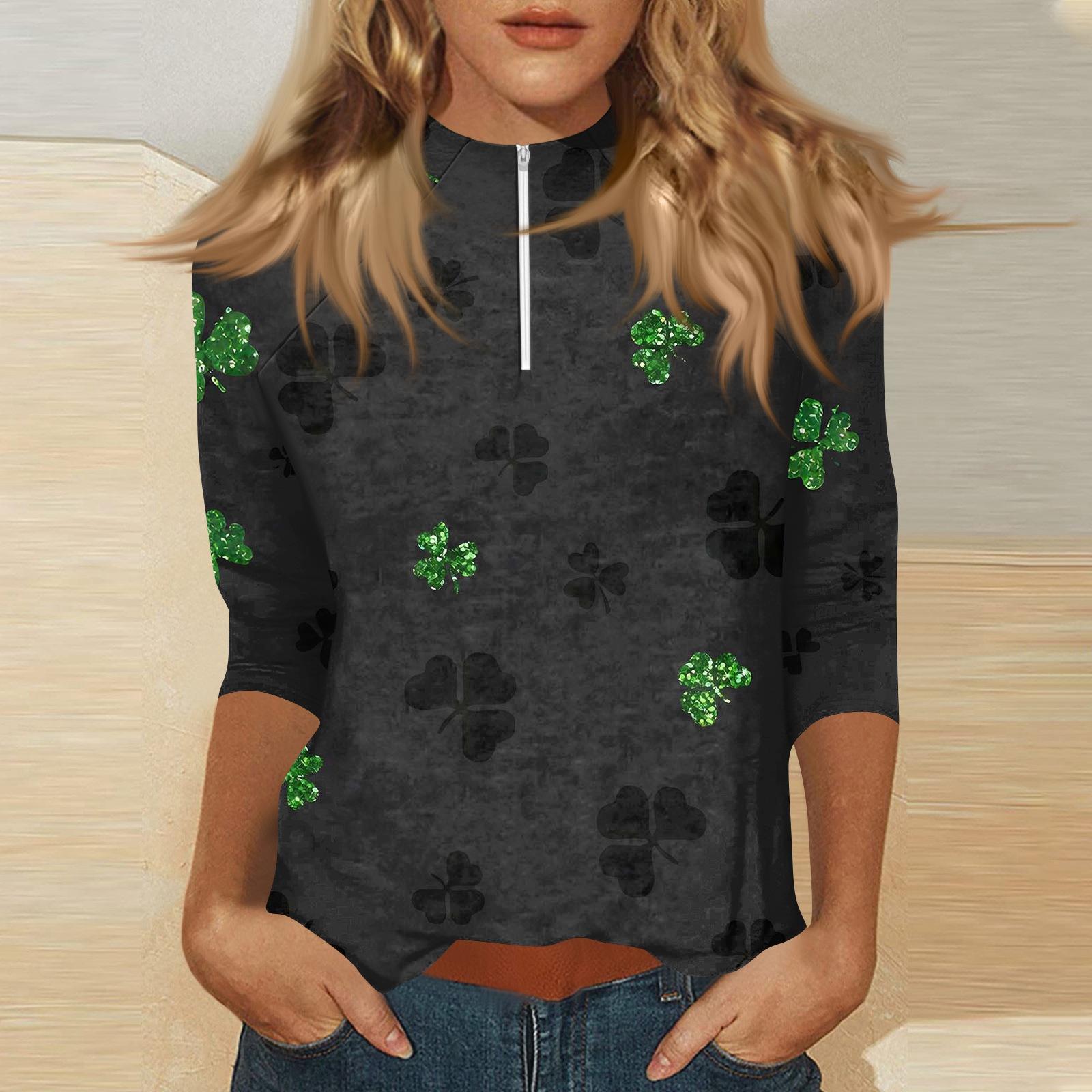 Women s Mock Neck3/4 Sleeve Printed Top With Zip-up S