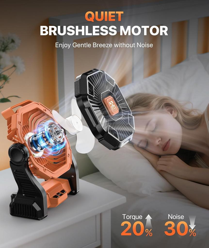 Camping Fan Battery Power Portable Rechargeable Fans,Light,Hook 3 Speed Quiet Cordless USB Personal Cooling for Desk Home Beach