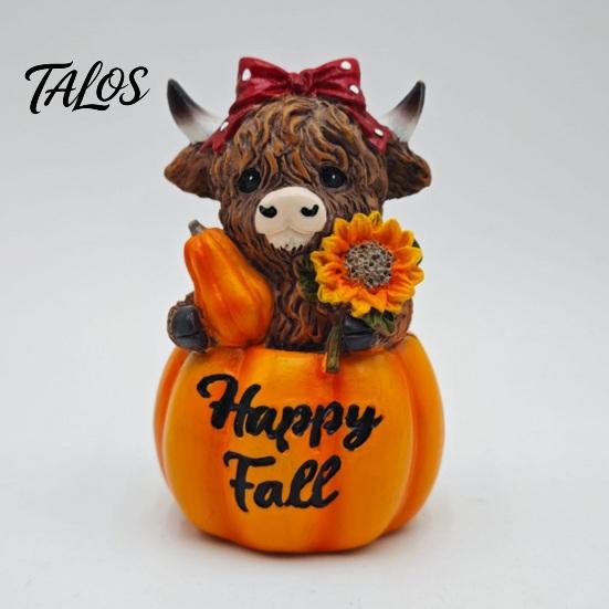 Autumn Theme Room Accessories Highland Cow Pumpkin Ornament, Resin Desktop Figurine Decorations, Creative Harvest Decor Table Centerpiece for