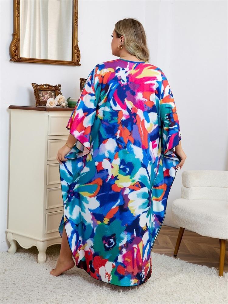 Plus Size Women Kaftan House Robe Bohemian Printing V Neck Homewear Beach Wear Bathing Suit Cover Up