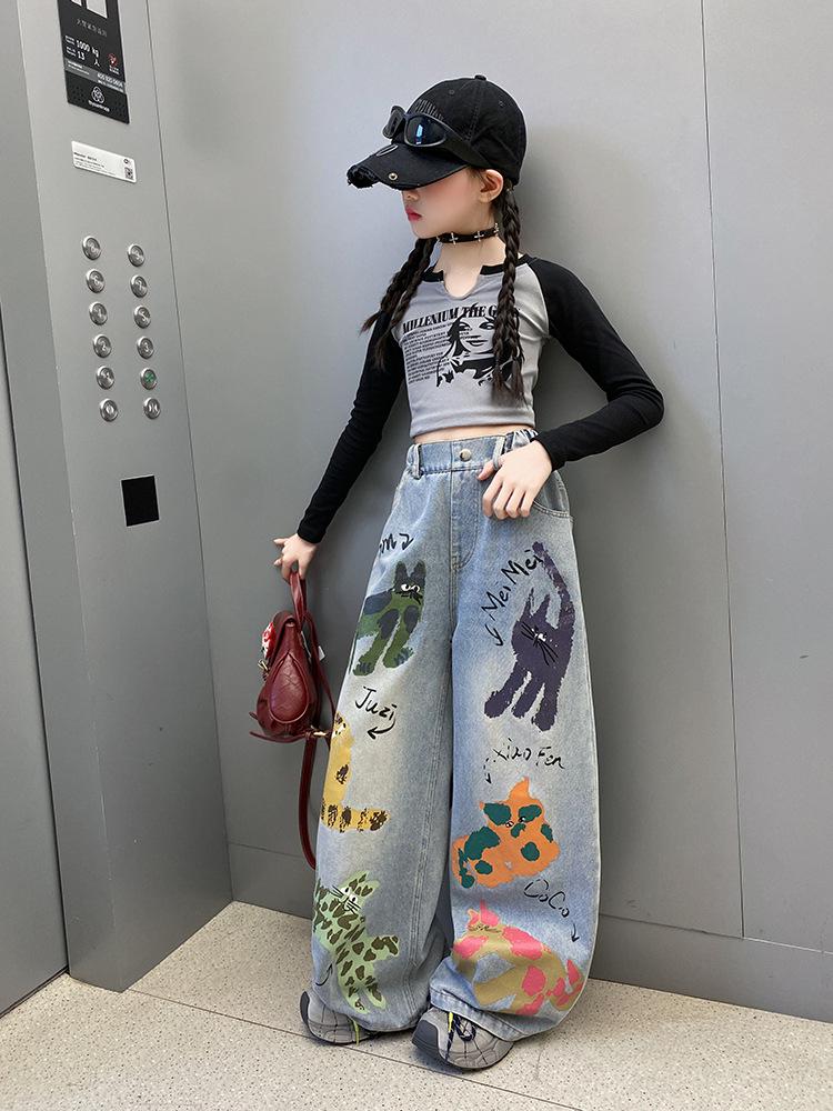 Girls' Graffiti Wide-Leg Jeans - Spring/Autumn Casual Fashion Pants