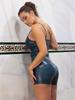 Shascullfites Melody Dark Blue Pu Leather Catsuit overal body Short Romper Clubwear Body Shape s 3 dostupnými velikostmi