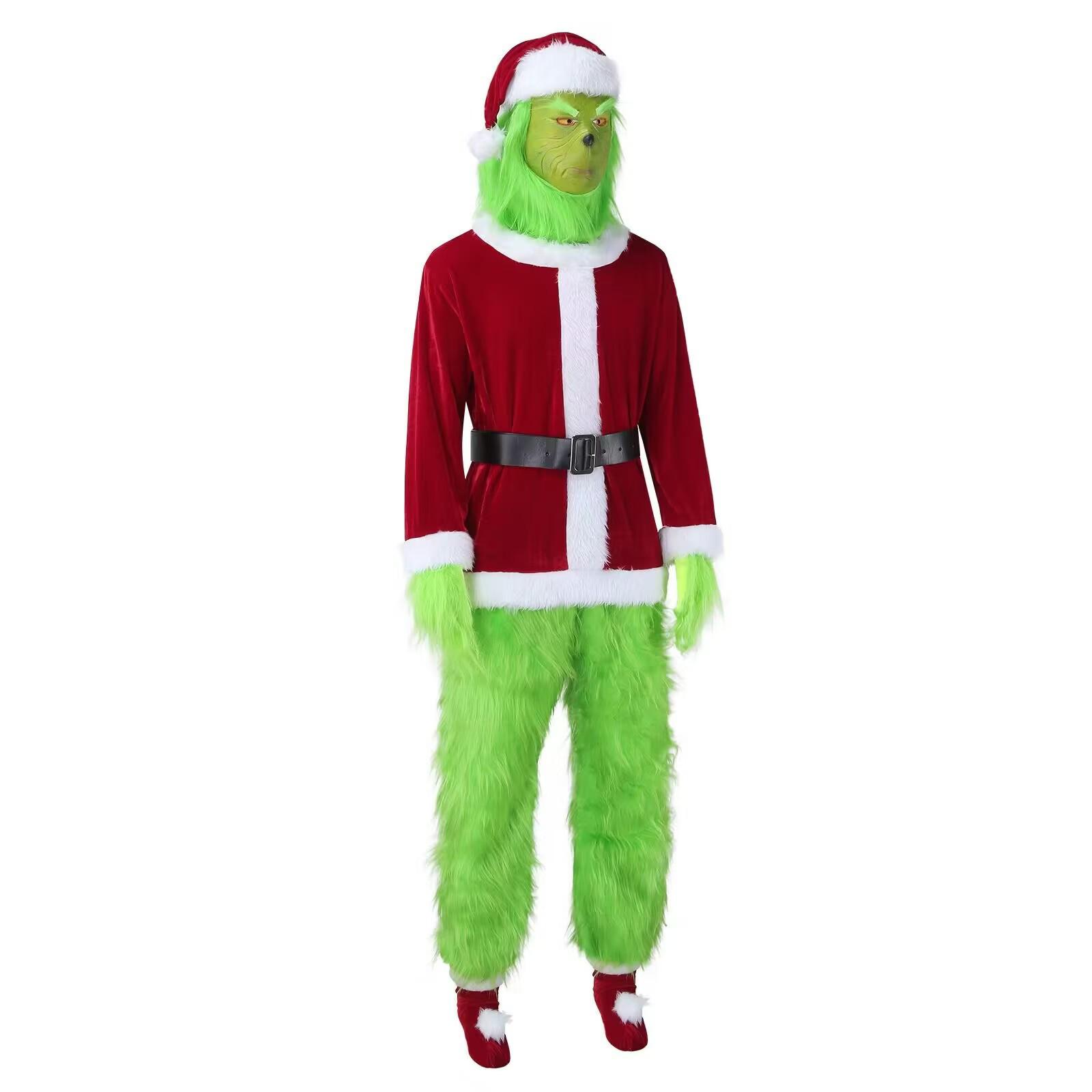 Green-haired Monster Grinch Santa Costume with Fur Pants - Halloween Bestseller XL