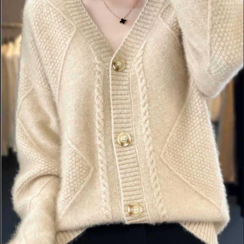 Mode Herfst Winter Effen Kleur Vest Lange Mouwen V-hals Enkele Rij Knopen Jacquard Gebreide Trui