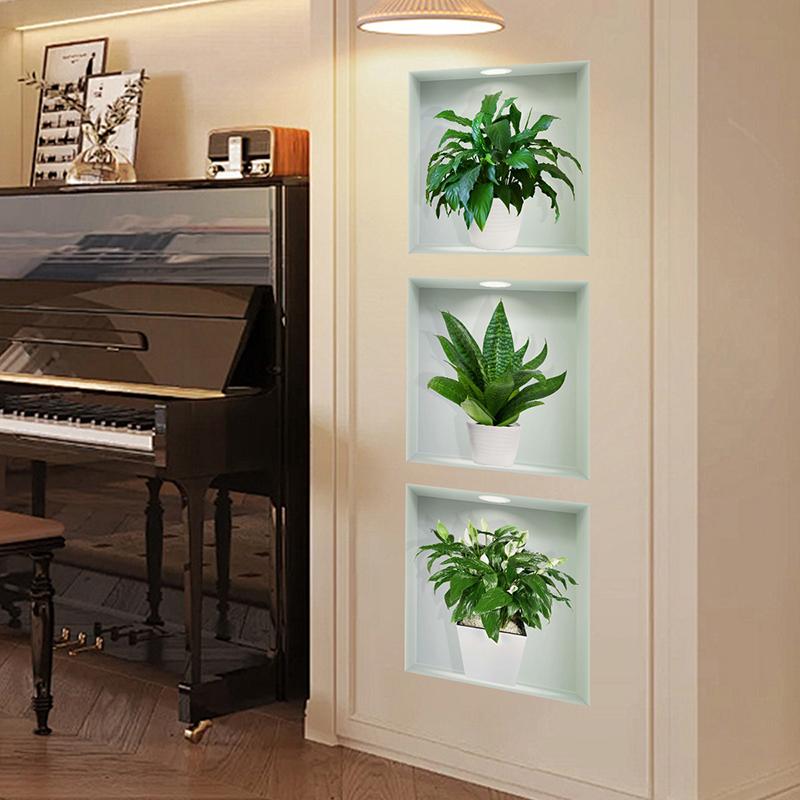 3D Three-Dimensional Potted Green Plant Wallpaper Triptych Living Room Porch Sofa Background Decorative Wall Stickers