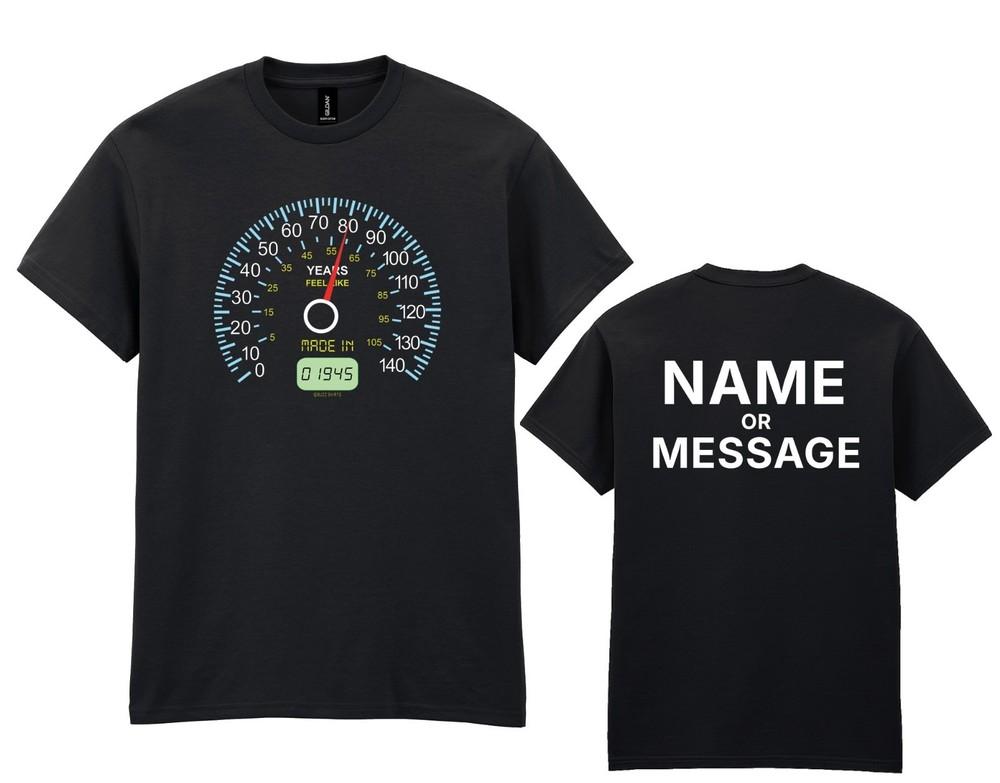 

Mens 80th Birthday T-Shirt - Personalised Custom Name Message -Speedometer 1935 M