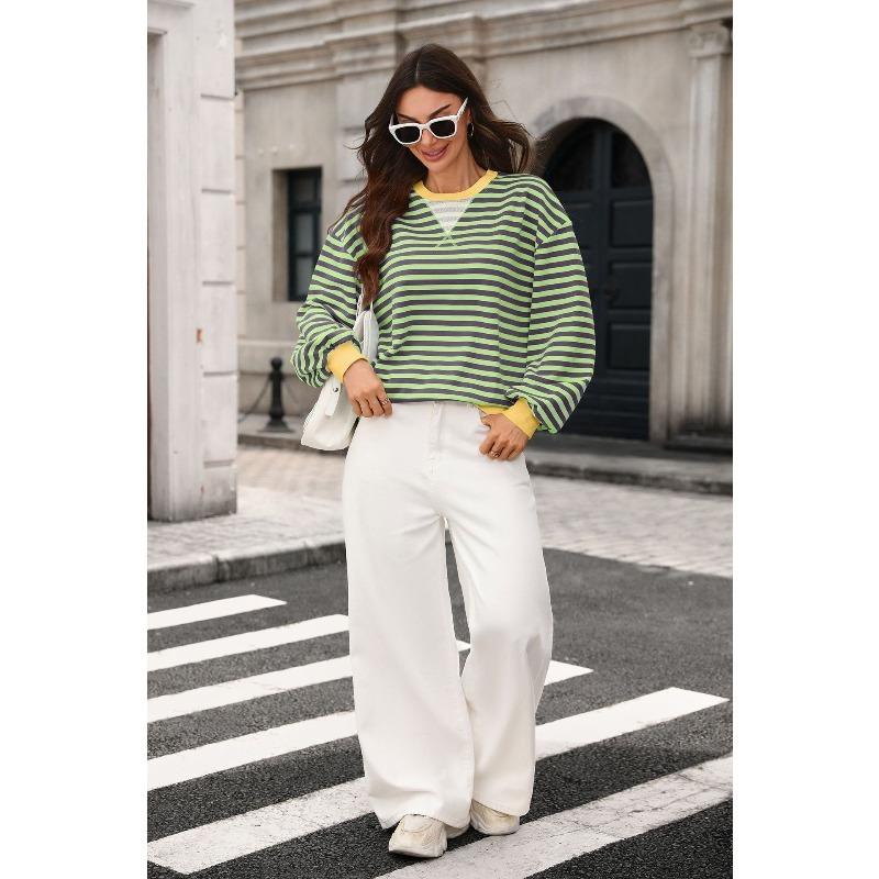 VEZFAA Women's Fashion Casual Spring Autumn Stripe Print Long Sleeve O-Neck Blouses & Shirts