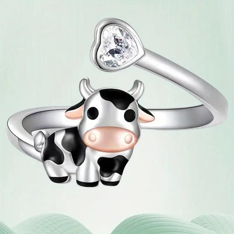 Cute Cow Opening Rings with Heart Cubic Zirconia for Women Pink Cow Animal Finger Accessory Daily Wear Statement Jewelry