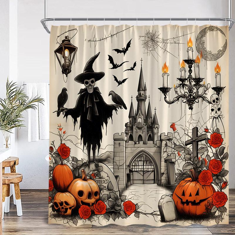 Horror Halloween Shower Curtains Pumpkin Skeleton Black Raven Cat Castle Skull Bath Curtain Set Home Bathroom Decor with Hooks